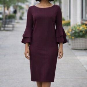 Calvin Klein Burgundy  Purple Bell Sleeve Sheath Dress Layered Ruffle Sleeve